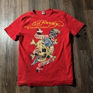 Ed Hardy By Christian‎ Audigier Red Skull Death or Glory Rhinestone Tee
